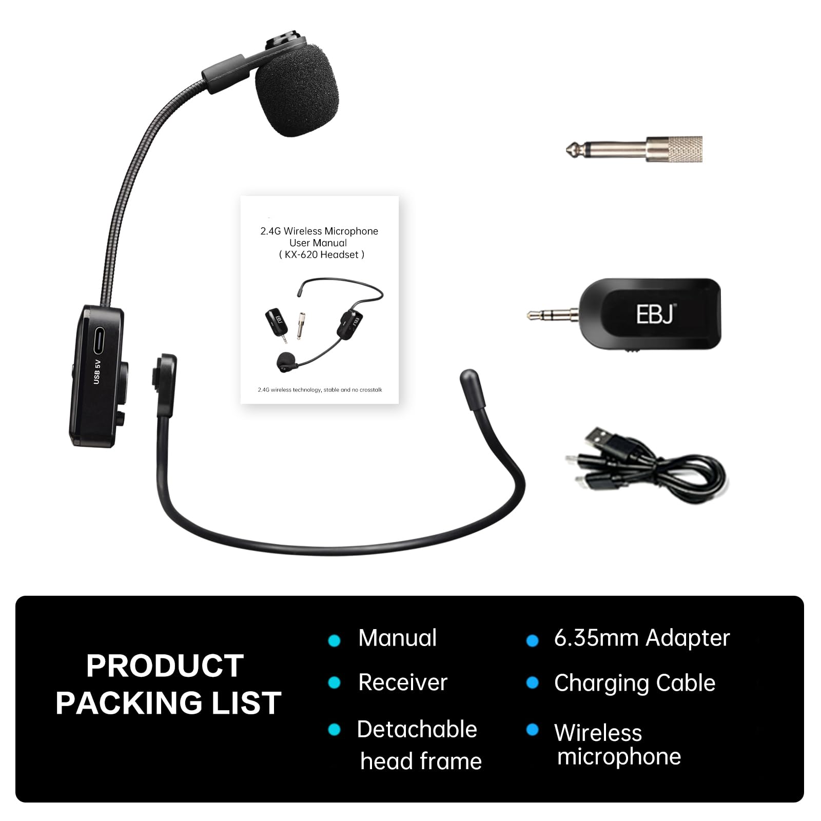 EBJ 2.4G Wireless Headset Mic and Handheld Mic 2 in 1, 30m Stable Transmission, Dual Type-c USB Charging, Compatible with Speakers, Voice Amplifier, PA System (KX-620-1)