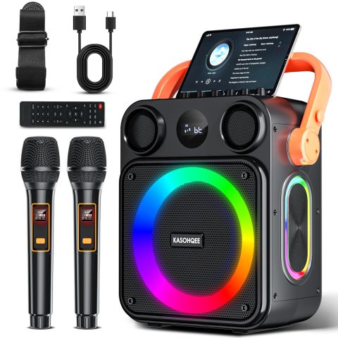 Karaoke Machine for Adults,Portable Karaoke Speaker with Two Wireless Microphones, 3.7v Speaker Supports TWS,Bluetooth,TF Card/USB, AUX in, REC, Bass & Treble for Home Party/Meeting