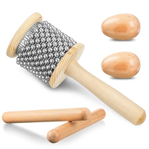 Nuanchu 5 Pcs Wooden Hand Percussion Instrument Set Mini Cabasa Breads