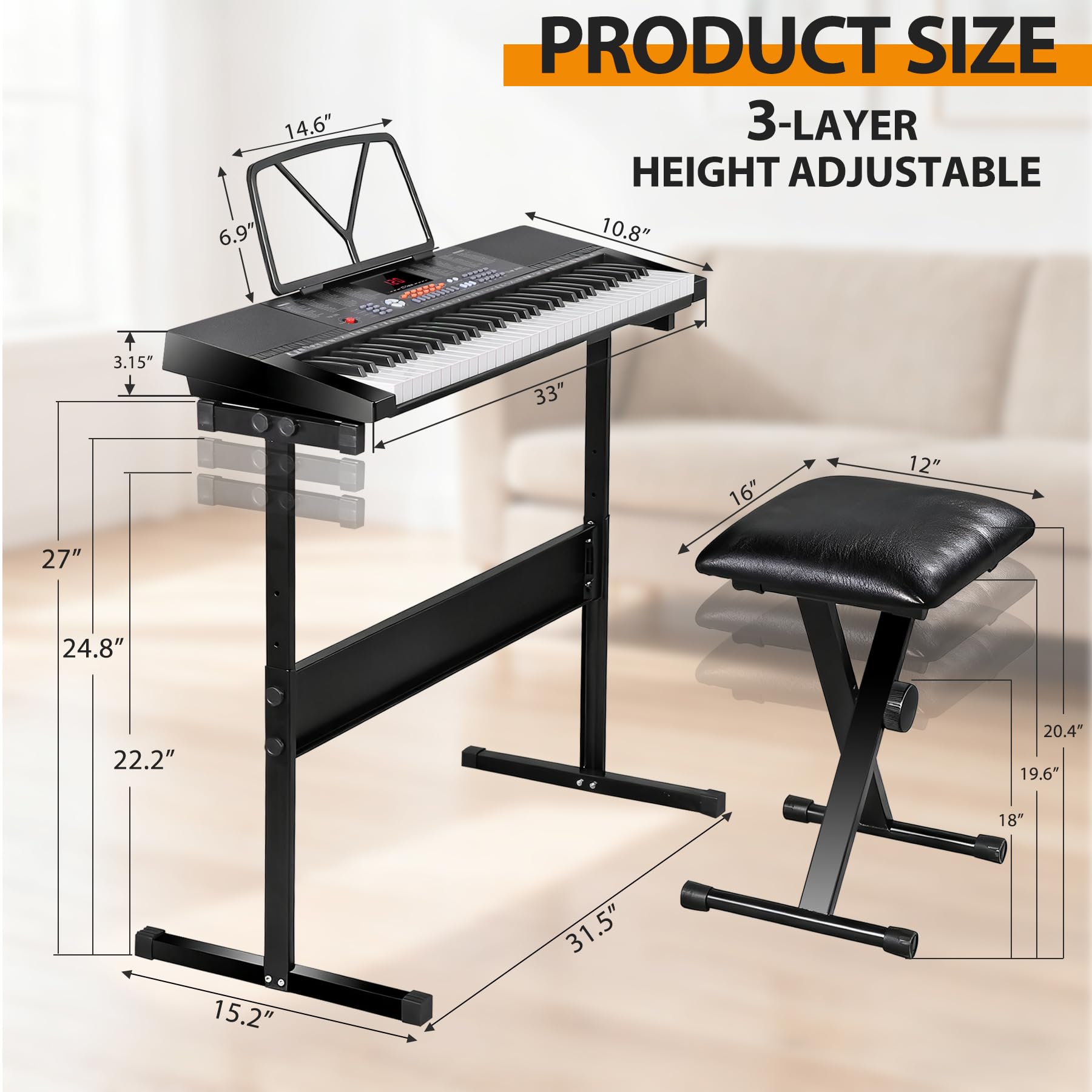 Smartxchoices 61-Key Electronic Keyboard Piano Stand Portable LED Display Keyboard Kit with Adjustable Stand, Adjustable Stool, Headphones, Microphone & Music Rest