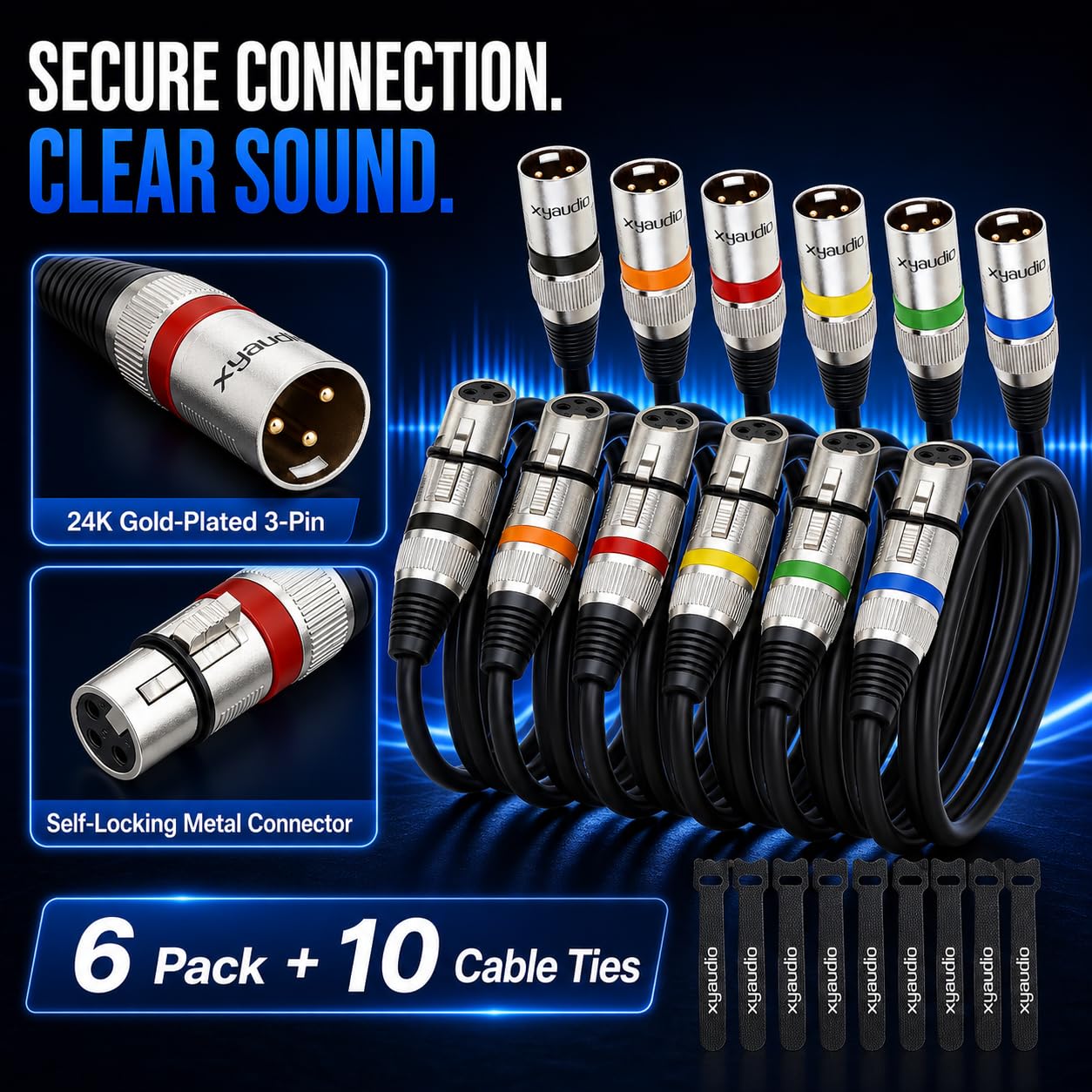 xyaudio Balanced XLR Cable, 10ft 10 Packs, 3 Pin Male to Female Microphone Cable, XLR to XLR Mic Cable for Speaker or PA System, PVC Jacket