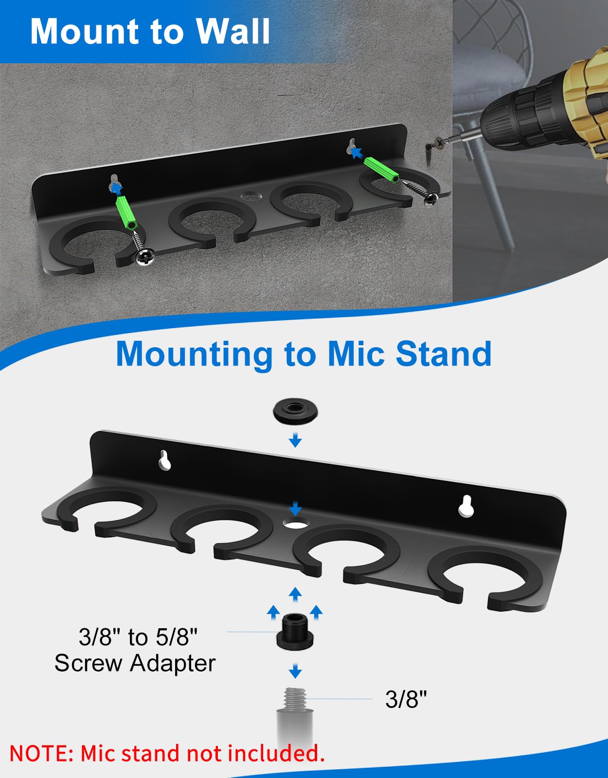 Multi Mic Holder for Stand, Wall Mounted, for 4 Handheld Wired/Wireless Mic