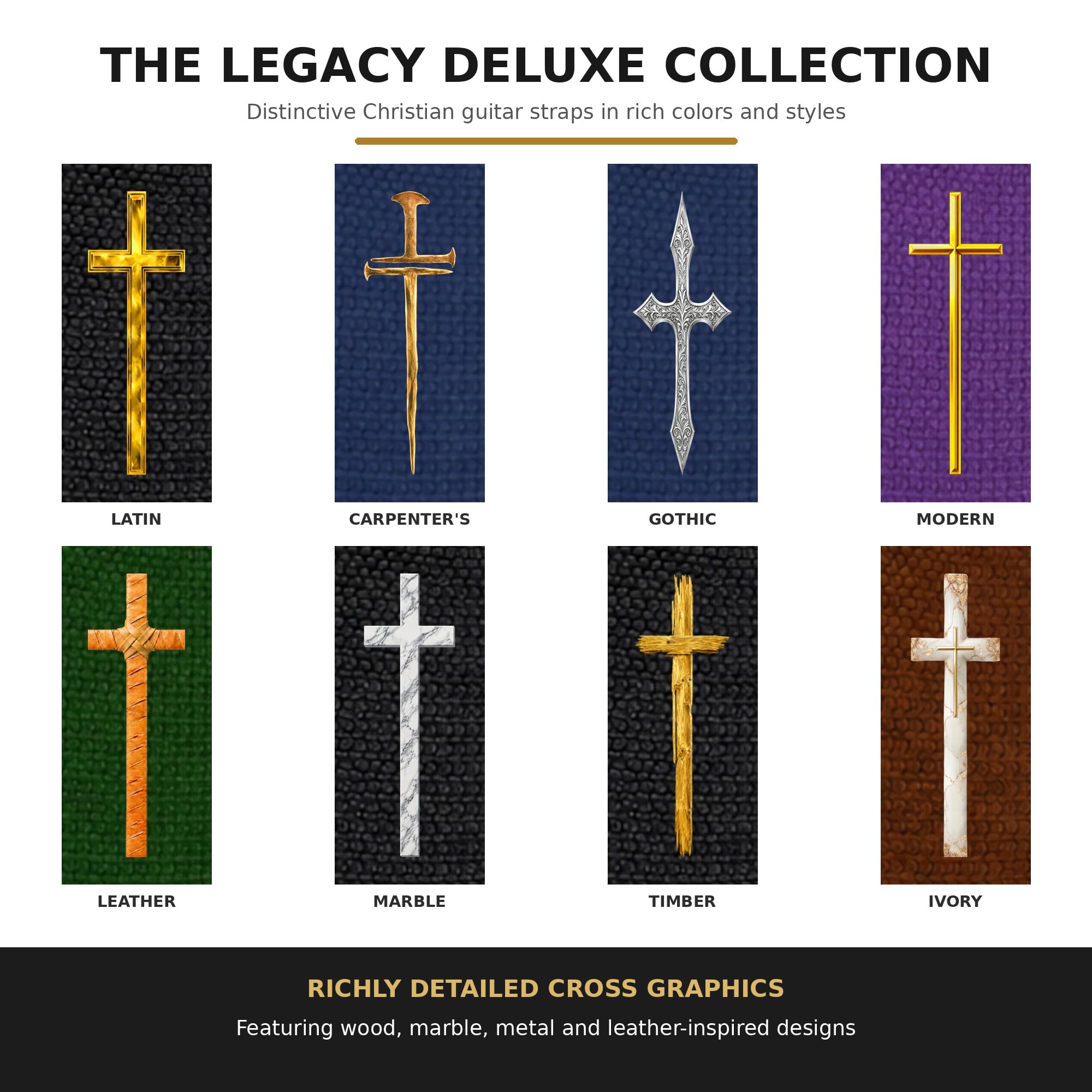 Legacystraps Christian Guitar Strap 2 Inch Wide Cotton Strap with Carpenters Cross Design (Silver/Green)