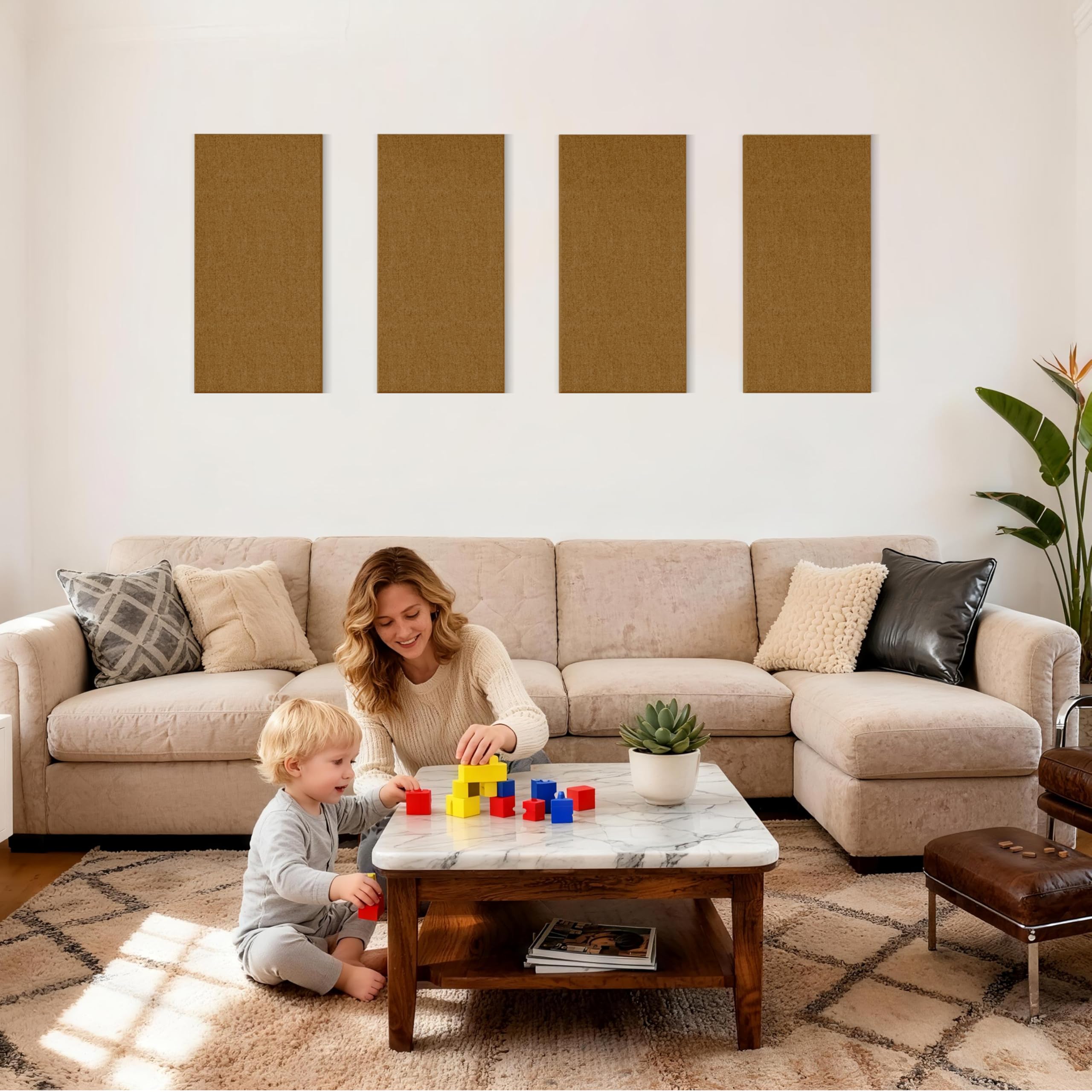 Reverbeon 4PCS Acoustic Panels, 24″x12″ Fabric Acoustic Panels for Walls, Self-Adhesive Sound Absorbing Panels for Home, Office, Studios (Camel Hazel)