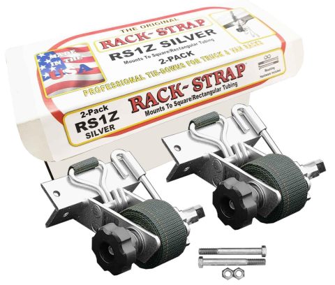 2 Pack, Rack-Strap, The Original American Made Ladder Rack Tie-Downs, RS1Z Zinc Silver Plated, Right Angle Mounting Bracket, Bolt Mounting Hardware Included, 8 Foot Black Strap