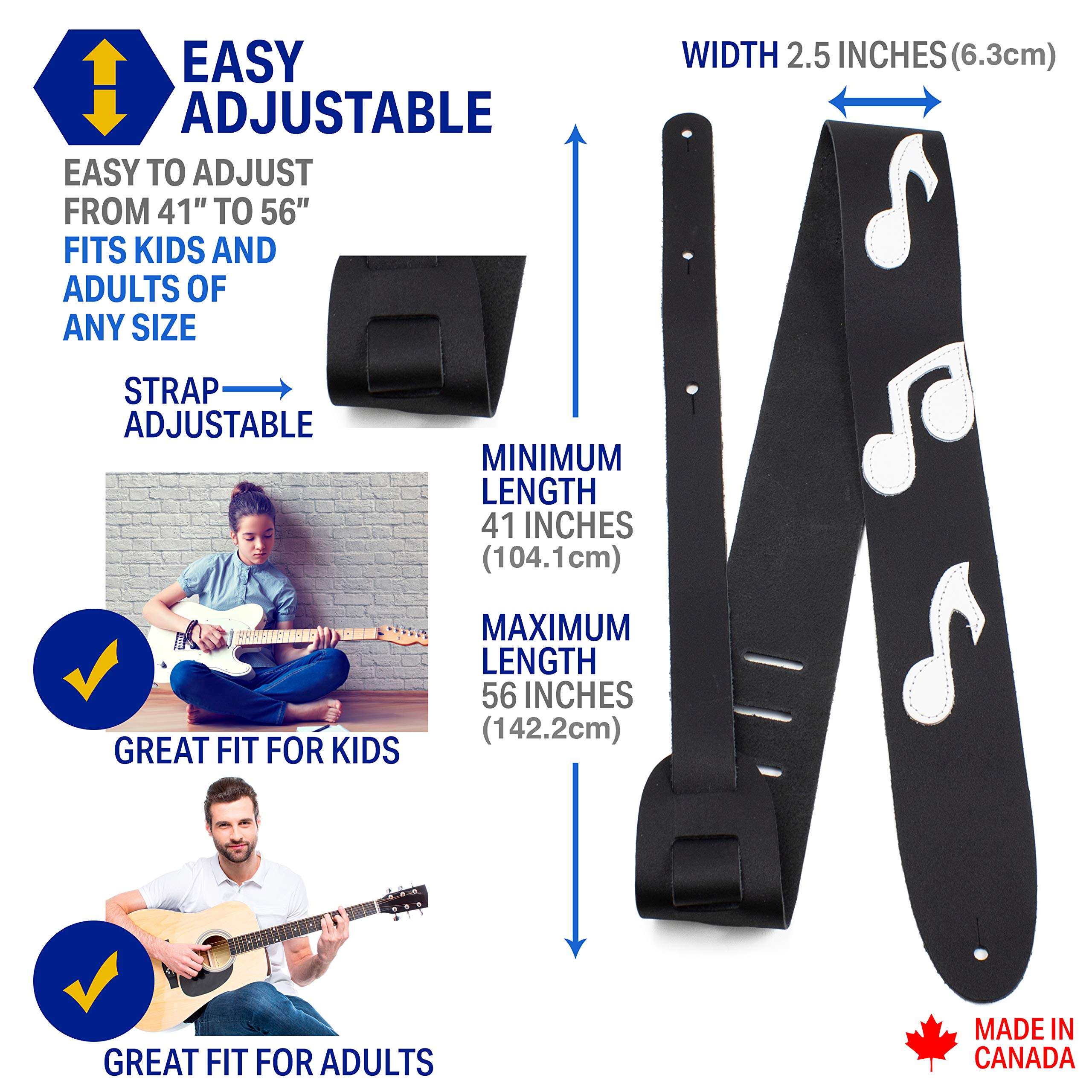 Perri’s Leathers, 41″-56″, Black & White, The Famous Collection, Leather Guitar Strap, Adjustable, Durable Design, Acoustic & Bass Guitar Straps for Electric, Musical Notes Themed