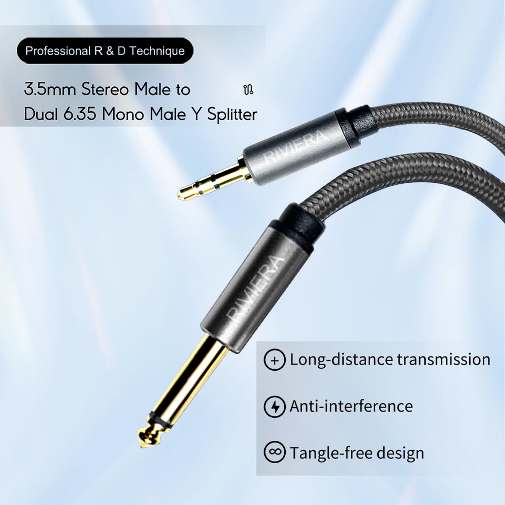 RIVIERA 6FT/1.8M Audio Cable 3.5mm 1/8″ TRS to 6.35mm 1/4″ TS Braided Sheild Pure Copper Wire and 24K Gold Plated Low Noise Cable with Braided Nylon Jacket for Digital Players & Musical Instruments