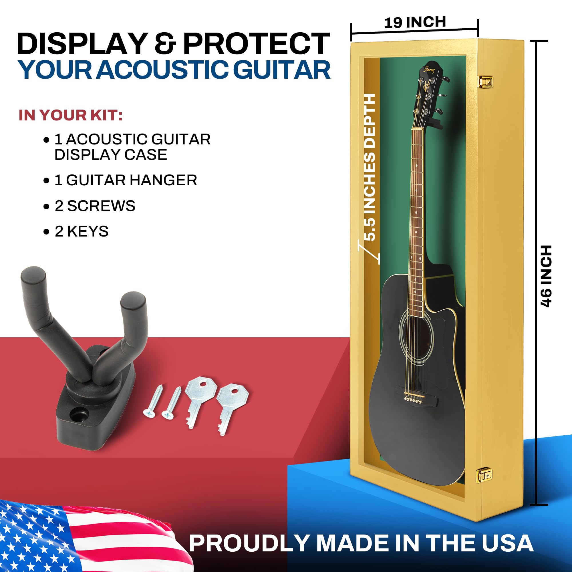 PENNZONI Acoustic Guitar Display Case – Acrylic Acoustic Guitar Case – Guitar Display Case Wall Mount Made from Hardwood Frame & Clear Acrylic – Golden Oak w/Felt Green