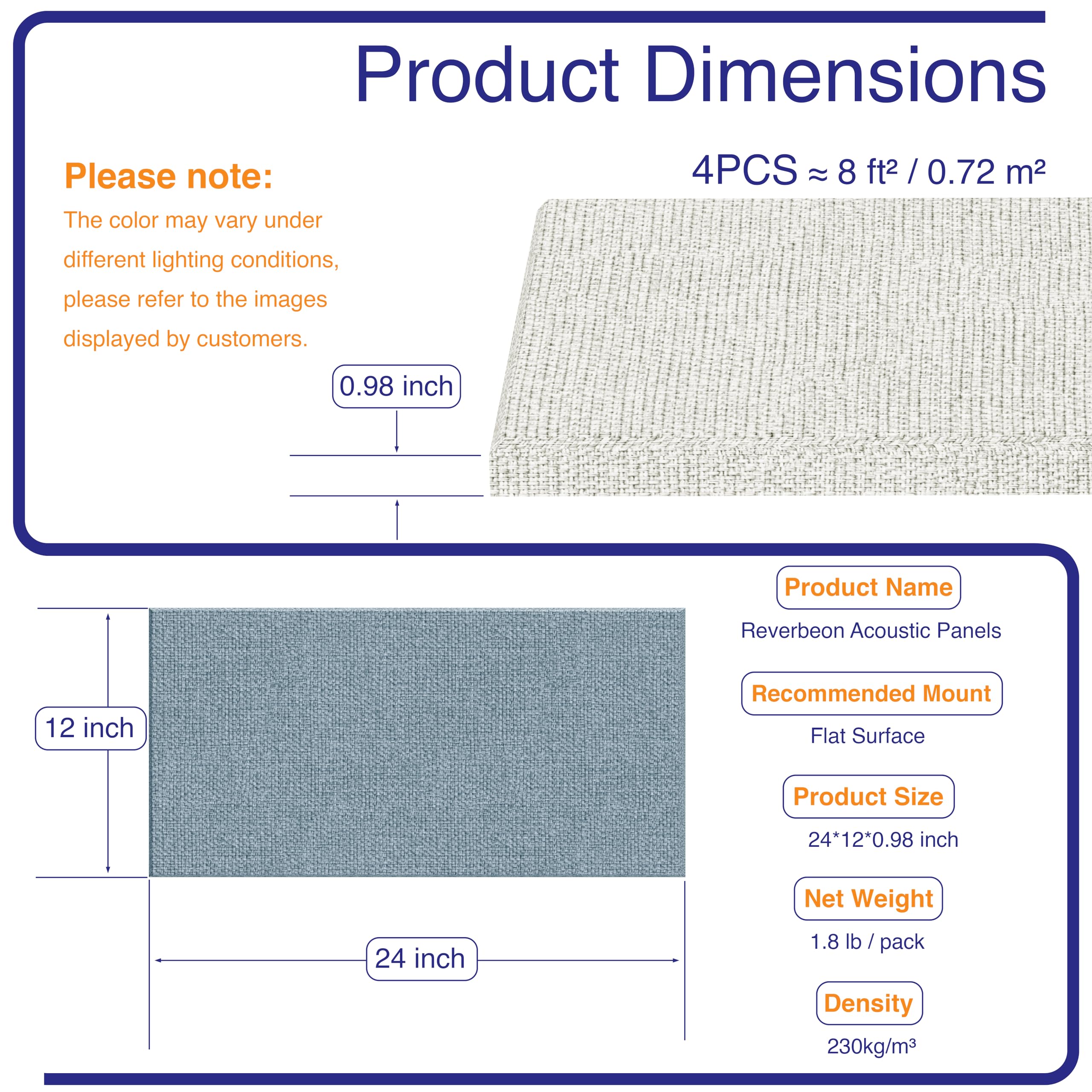 Reverbeon 4PCS Acoustic Panels, 24″x12″ Fabric Acoustic Panels for Walls, Self-Adhesive Sound Absorbing Panels for Home, Office, Studios (Slate Navy & Chalk White)
