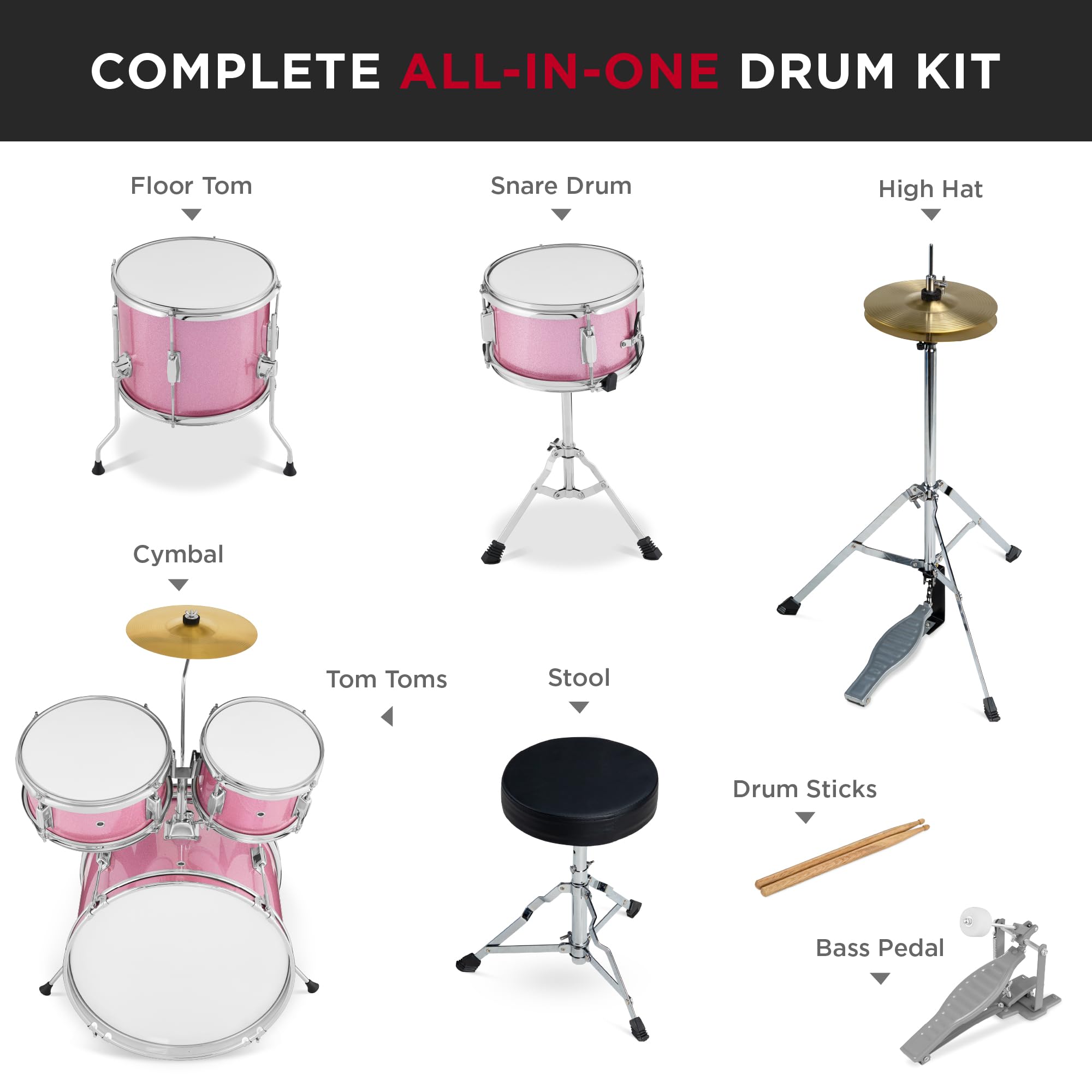 Best Choice Products Kids 5-Piece Beginner Drum Set Junior Kit, Starter Percussion w/Cymbals, Pedal, Toms, Snare, Drumsticks, Stool – Pink Sparkle