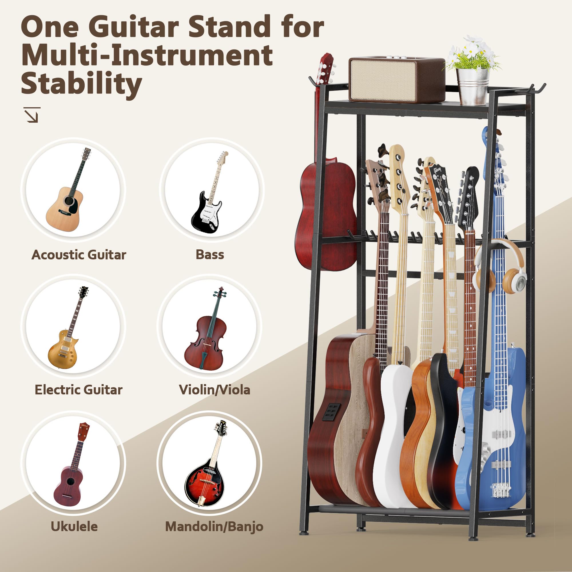 Vantimo Guitar Stand, Guitar Rack Holder for Acoustic Guitar, Electric Guitar, Bass Display Stand, Multiple Guitar Rack Holder for 7-9 Guitars, Guitar Amp Accessories, for Home Music Studio, Black
