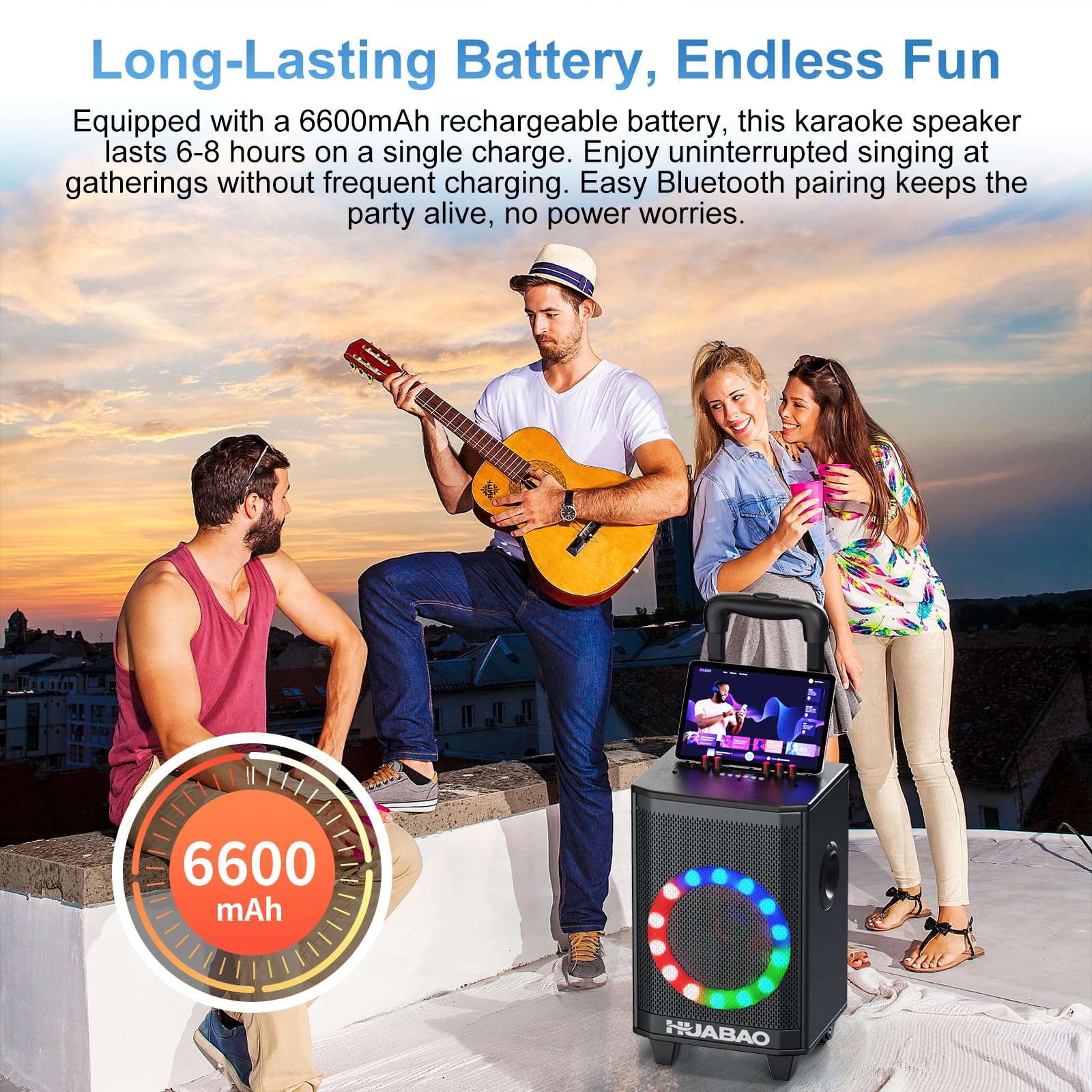 Portable Karaoke Machine with 2 Wireless Microphones, Bluetooth Speaker with Lights and Trolley Wheels, 6600mAh Rechargeable PA System, FM/AUX/USB/TF, Remote, Bass/Treble/Echo Adjust, Ideal for Party