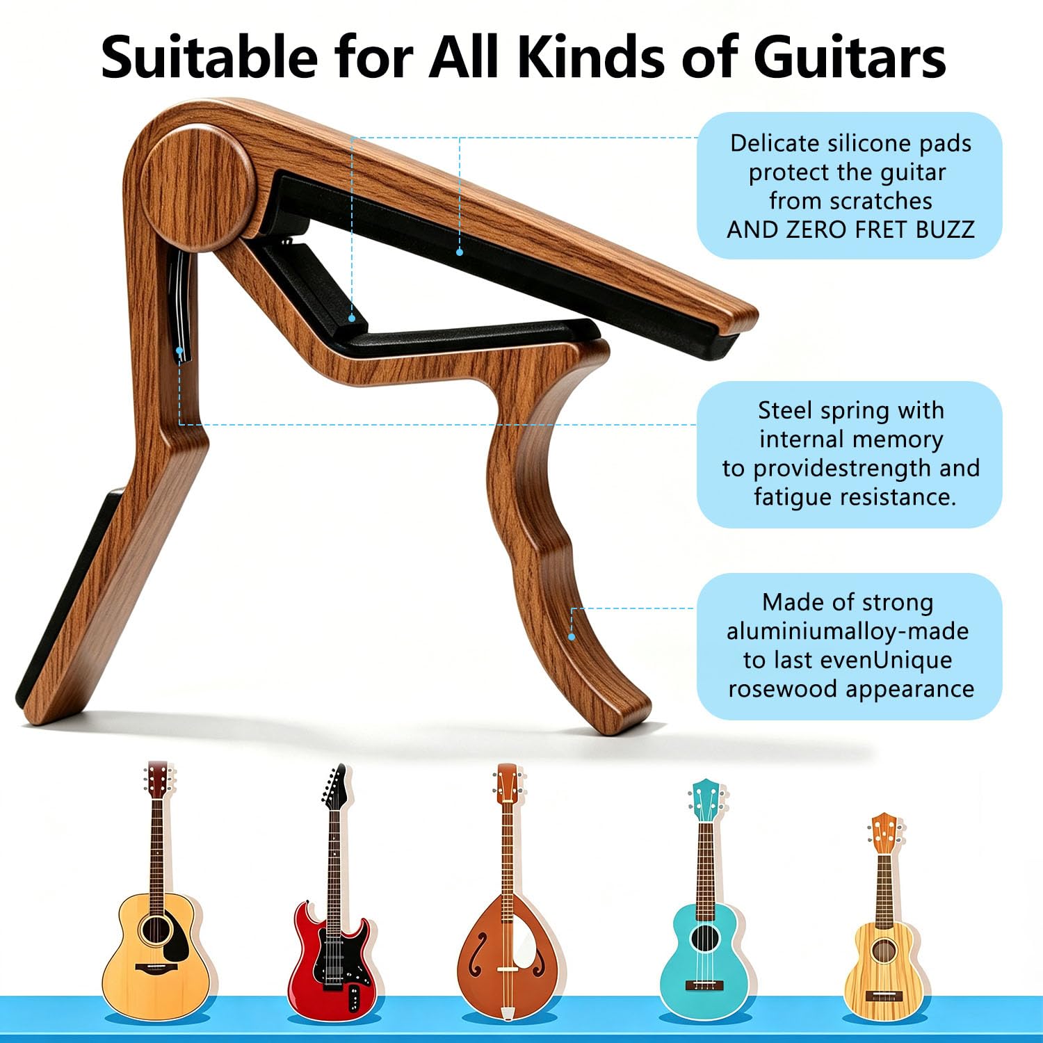 Guitar Capo for Acoustic Electric Guitars, 2PC Capo Guitar Clamp Kapo with 5 Picks, Unique Design for Bass Guitar Ukulele, Wood