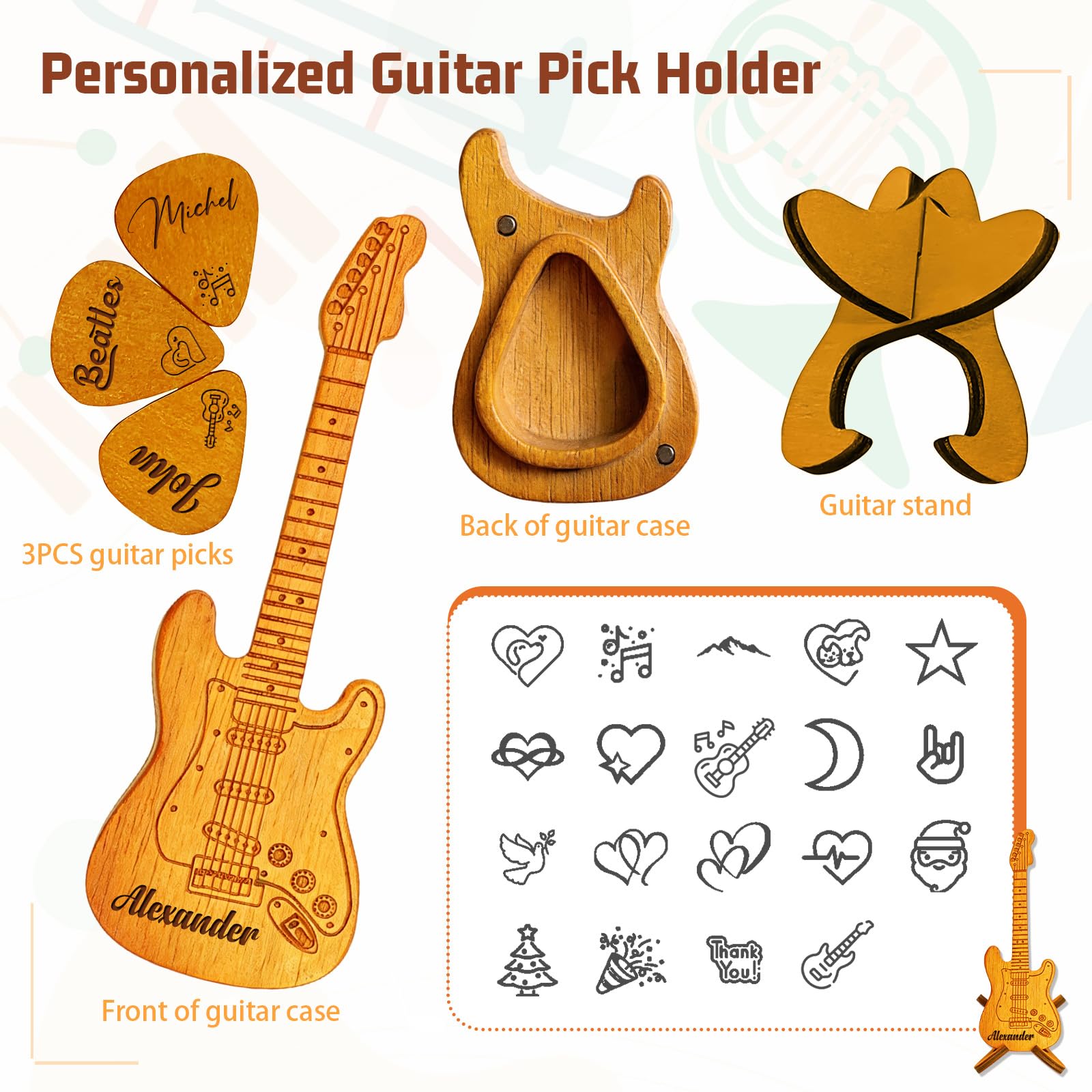 Personalized Wooden Guitar Pick Case with 3 Custom Picks