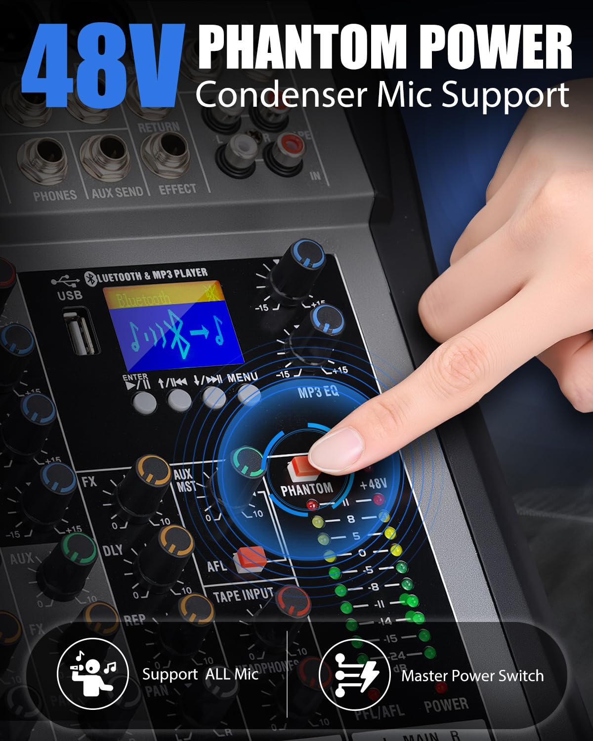 8 Channel mixer professional Audio Mixer, dj mixer with Individual Channel Control and USB Audio Recording & Editing via Computer, All-Metal mezcladora para dj (8 Channel)