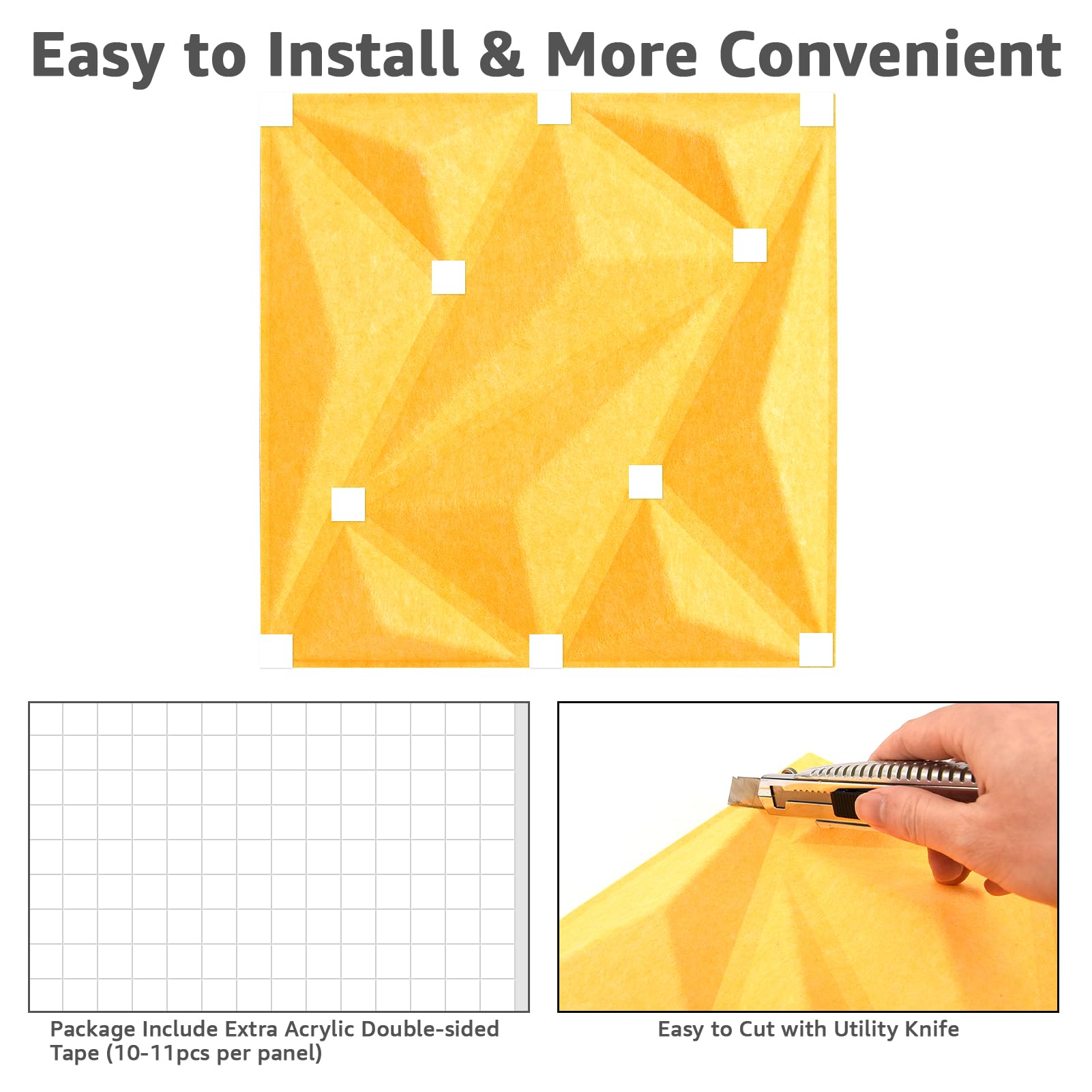 Art3dwallpanels Acoustic Panels 20 Pack Soundproof Wall Panels Sound Dampening Panels, 3D Wall Panels Sound Absorbing Panels, 12″ X 12″, Yellow with Tape