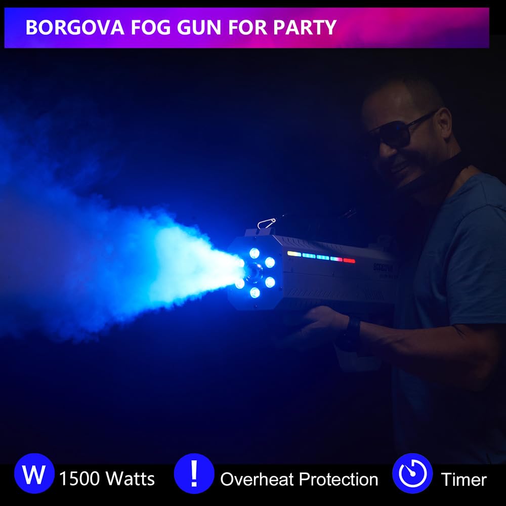 BORGOVA 1500W Handheld Fog Cannon 7-Color LED Timer Smoke Gun