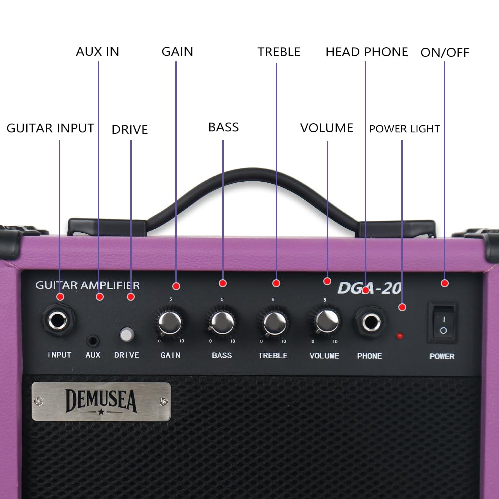 Demusea Purple Color Unique Cool Shape Electric Guitar Beginner Kit With Non-Rechargeable 20W Amp HSH Pickup 24Fret 25.5 Inch Scale Length 1V 1T 5Ways Toggle Solid Body Maple Neck Full Accessories In