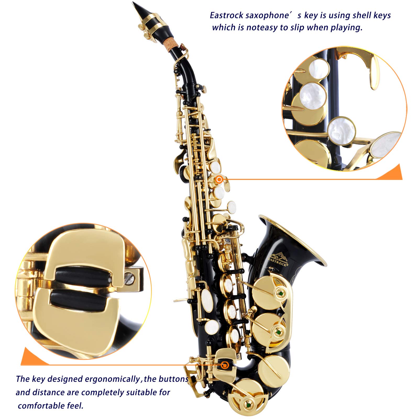 EASTROCK Bb Curved Soprano Saxophone Black for Beginners Students