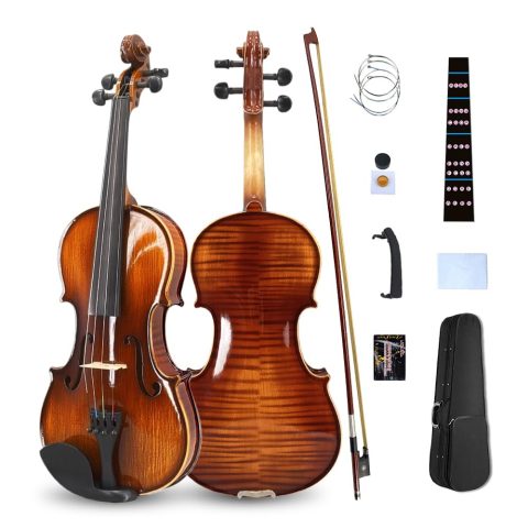 Vetimobato Handmade 1/4 Violin Set – Solid Flame Maple Back & Sides Spruce Top Ebony Fittings Complete Kit with Case Bow Shoulder Rest Strings for Beginners to Intermediate Players (1/4)
