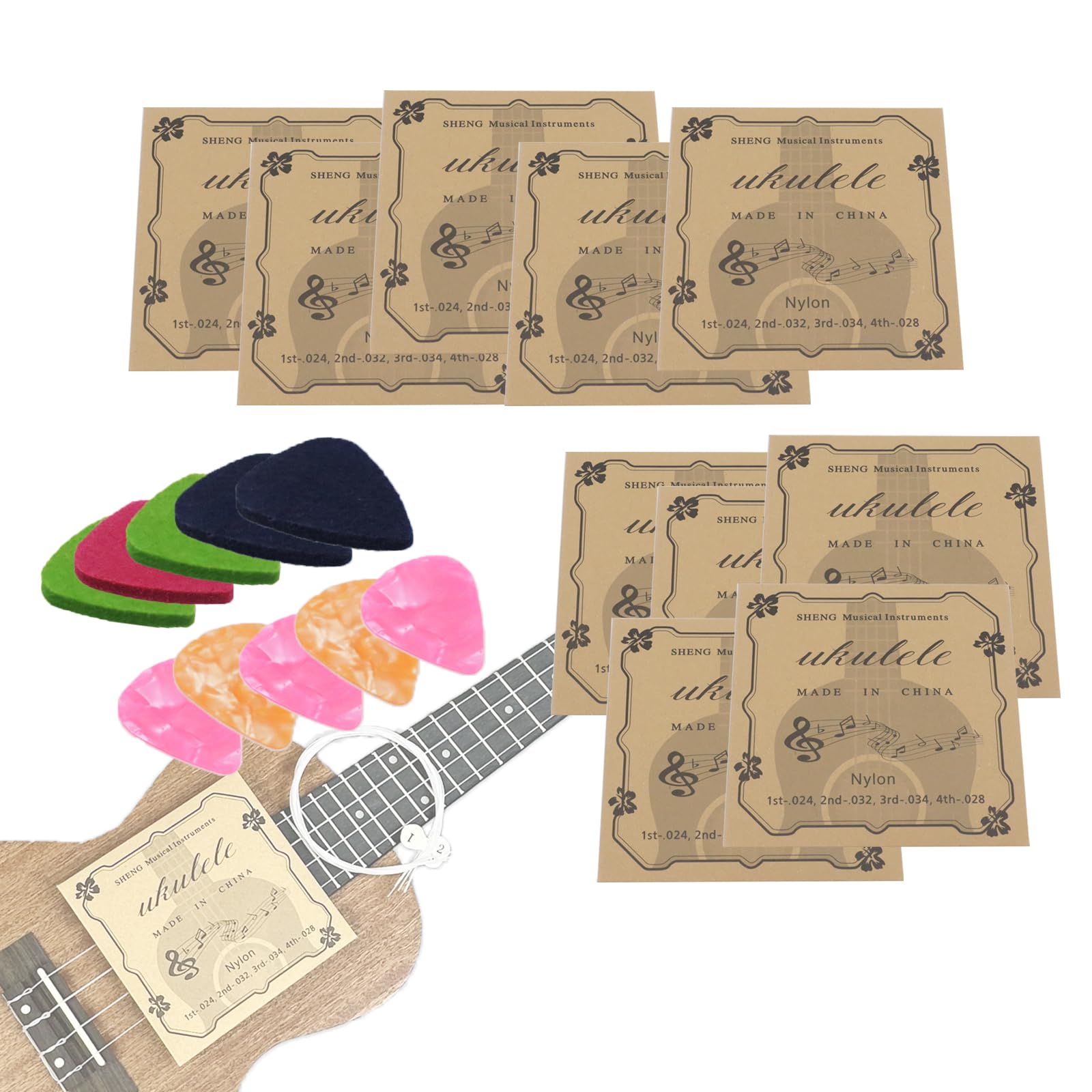 Cheerock 10-Set Nylon Ukulele Strings for Soprano Concert Tenor with Picks
