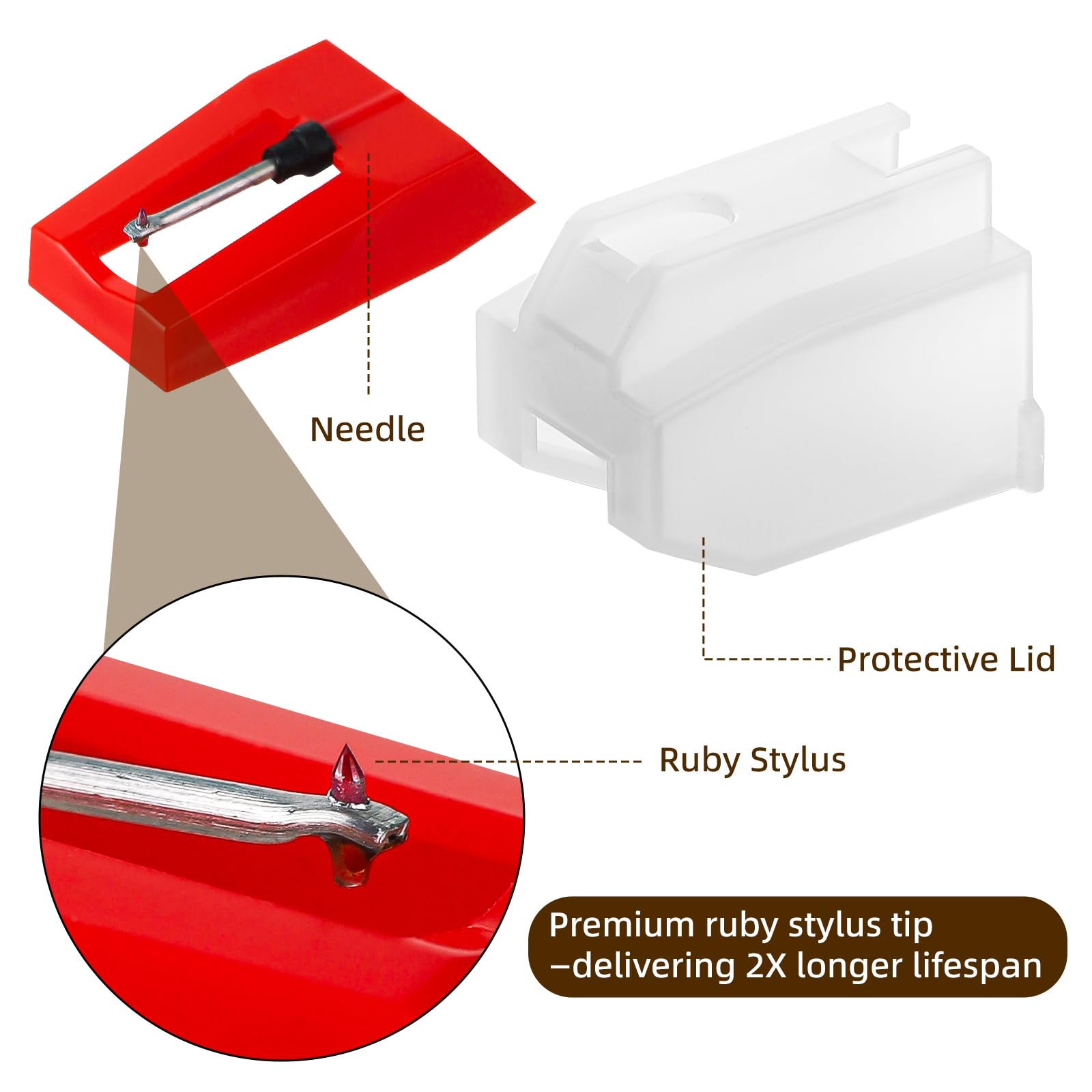 3 Pack Ruby Record Player Needles, Replacement for Crosley Victrola ION Jenson Boytone Turntables, with Stylus Cleaner Brush (Red)