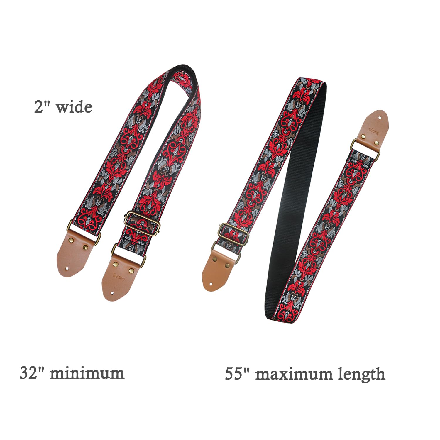 Farcaya Guitar Strap Embroidered Weave Flower Adjustable Shoulder Strap with 2Strap Lock Button 3Picks Headstock Strap Tie for Acoustic Electric Bass(Red+Grey)