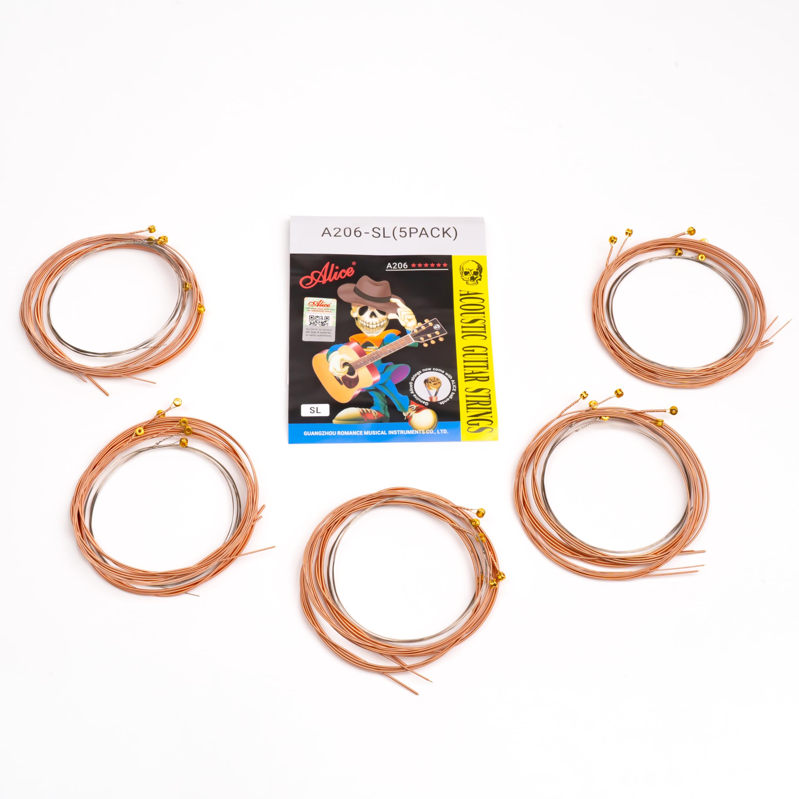 Alice Acoustic Guitar Strings Set – 6-String for Beginner, Briliant Steel Copper Alloy in Phosphor Bronze Color, 5 Packs (A206 Super Light)