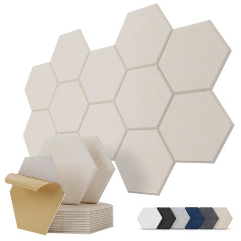 Hexagon Acoustic Wall Panels Self-Adhesive, 12 Pack Sound Absorbing Tiles for Walls & Doors, Decorative Peel & Stick Interior Panel for Studio, Home Office, Gaming Room, 12″x10″x0.4″, Dark Gray