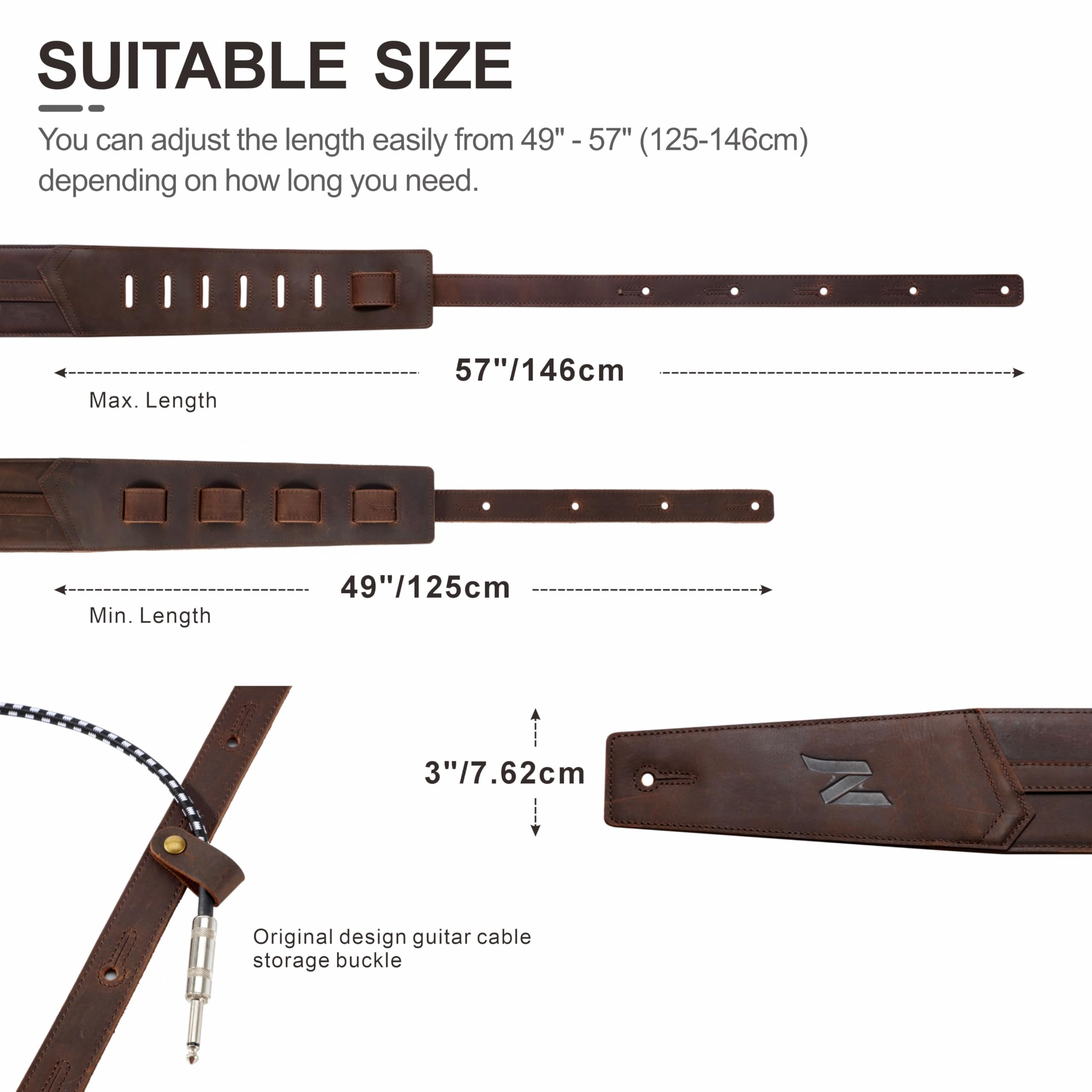 Nefelibata 3″ Guitar Strap, Full Grain Leather, with Foam Padding and Cable Storage Loop, for Bass, Electric and Acoustic Guitars(Blackish Green)