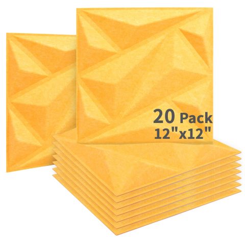 Art3dwallpanels Acoustic Panels 20 Pack Soundproof Wall Panels Sound Dampening Panels, 3D Wall Panels Sound Absorbing Panels, 12″ X 12″, Yellow with Tape