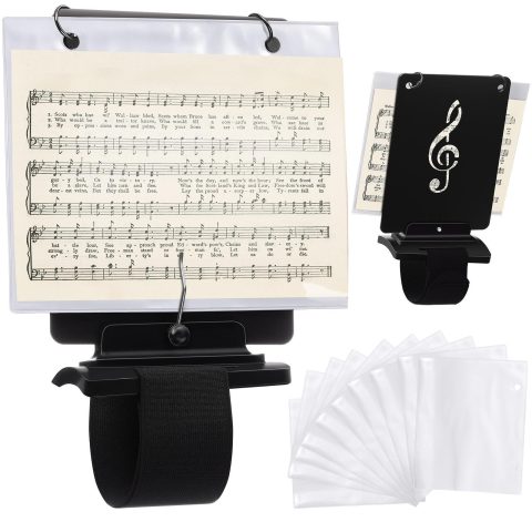 Canlierr Flute Lyre Flip Folder for Marching Band, 12 Pcs Waterproof 7.5 x 6.5 inches Double Sided Flip Folio Folder Pages with 2 Holes Adjustable Sheet Music Stand Holder for Clarinet Trumpet(White)
