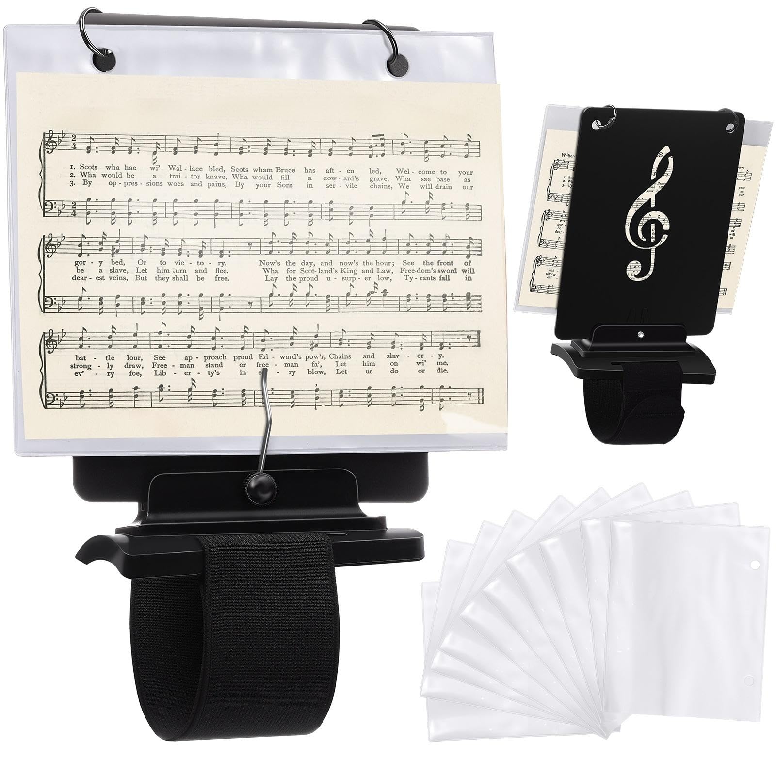 Canlierr Flute Lyre Flip Folder for Marching Band, 12 Pcs Waterproof 7.5 x 6.5 inches Double Sided Flip Folio Folder Pages with 2 Holes Adjustable Sheet Music Stand Holder for Clarinet Trumpet(White)