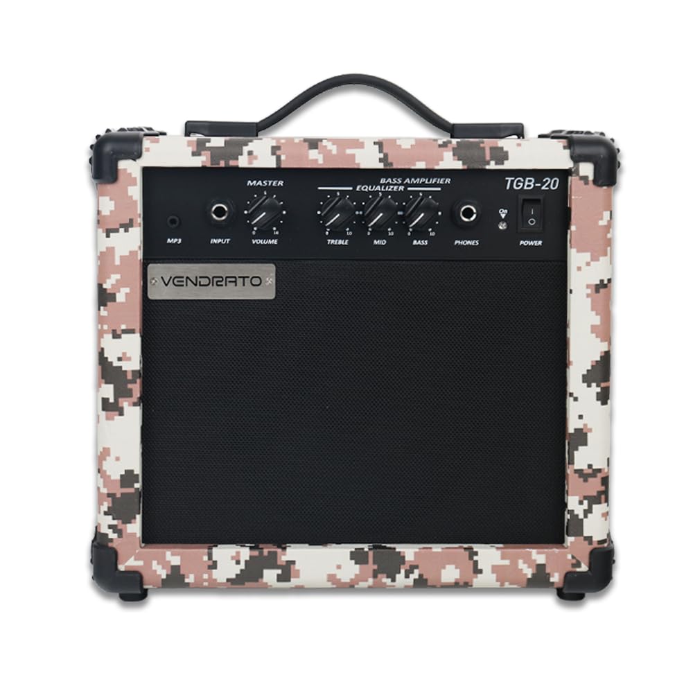 Electric Bass Guitar Amplifier 20W Amp Pixel Camo Color Aux Input Treble Middle Bass Headphone Power 6.5Inch Speaker Portable Size for Starter Beginner Practice Home and Outside