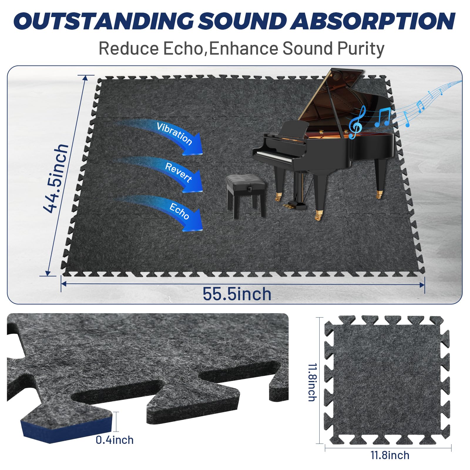 Focusound 20Pcs Sound Absorbing Interlocking Drum Rug, 11.8 x 11.8 x 0.4 inches High Density Soundproof Floor Mats, Non-Slip Anti Vibration Piano Carpet Drum Mat for Music Studio, Grey