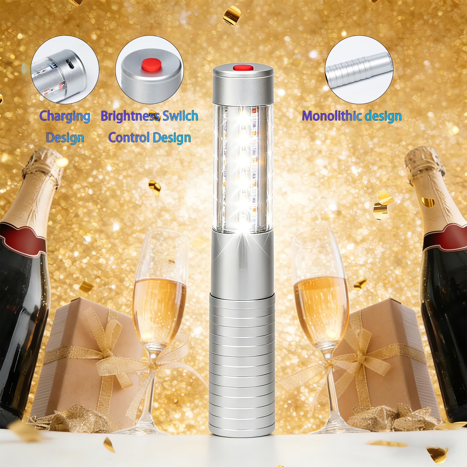 Strobe Bottle Girl Lights Baton Reusable Rechargeable LED Bottle Service Lights Service LED Champagne 2 Pcs for Bar Club Birthday Weddings Parties(Silver, White Light)