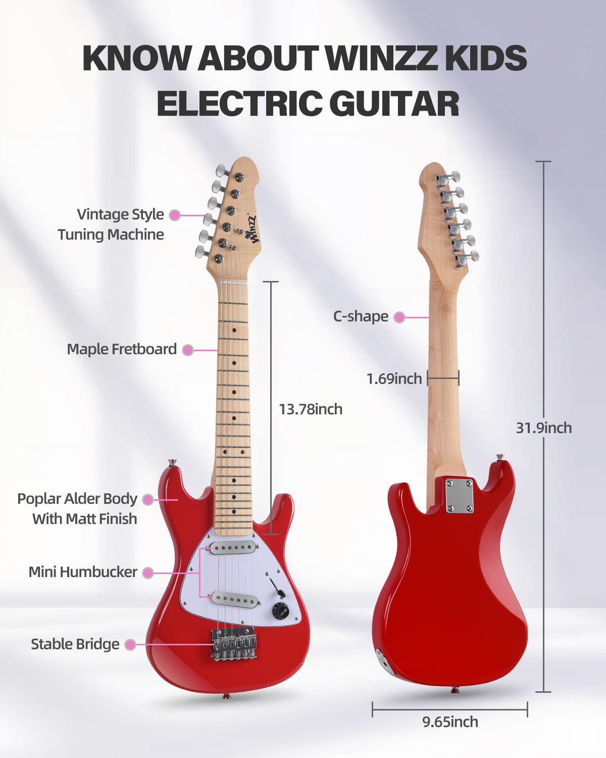 Winzz 30 Inch Kids Electric Guitar Beginner Kit, Junior 1/4 Size Mini Electric Guitar for Children Complete Stater Set with Amp, Gloosy Red Colour