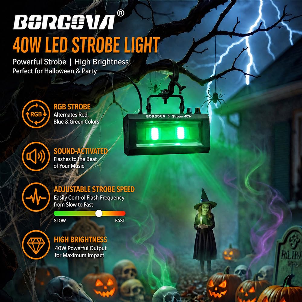 BORGOVA 40W LED Strobe Light, Portable RGB LED Stage Flashing Light