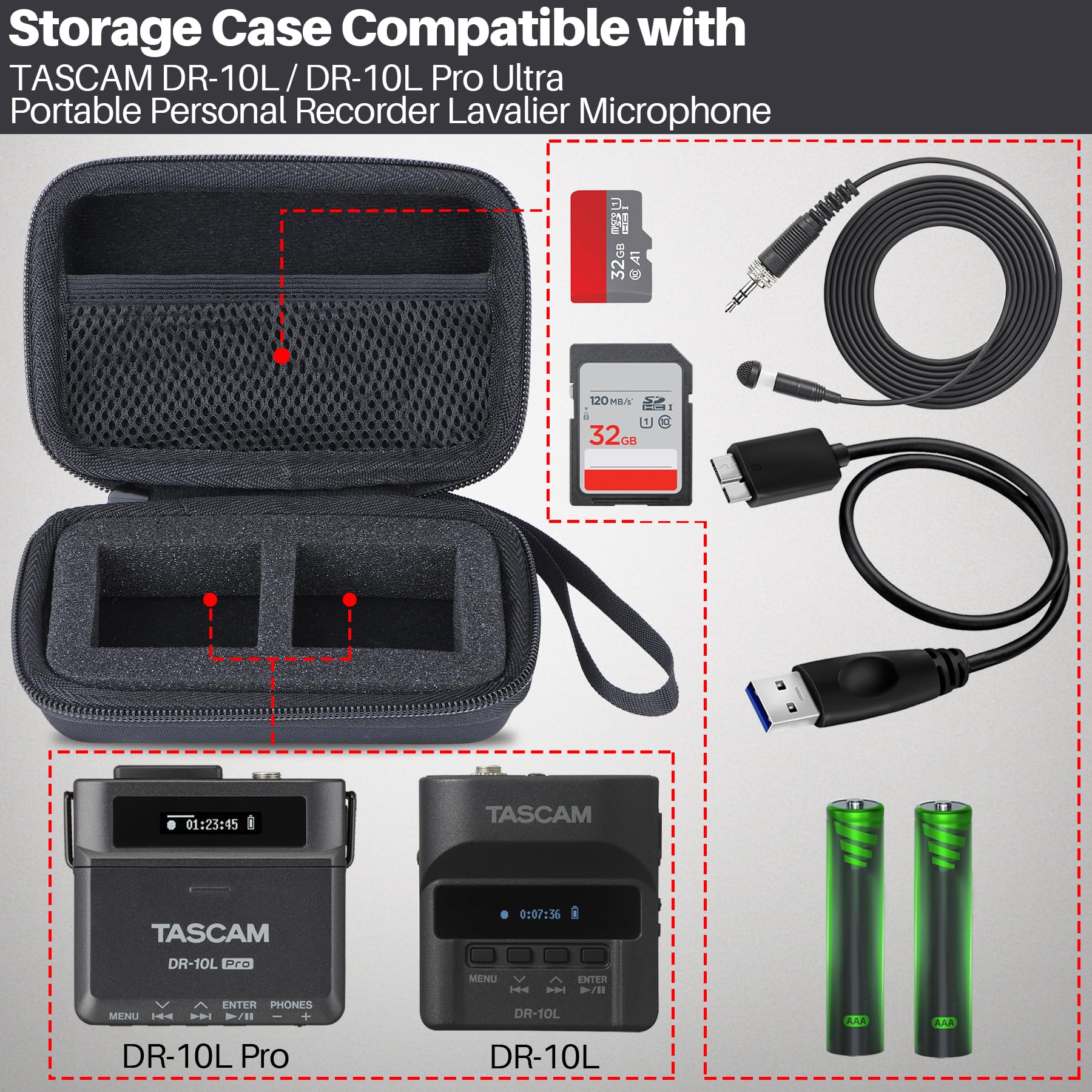 Lebakort Storage Case Compatible with TASCAM DR-10L / DR-10L Pro Ultra Portable Personal Recorder Lavalier Microphone