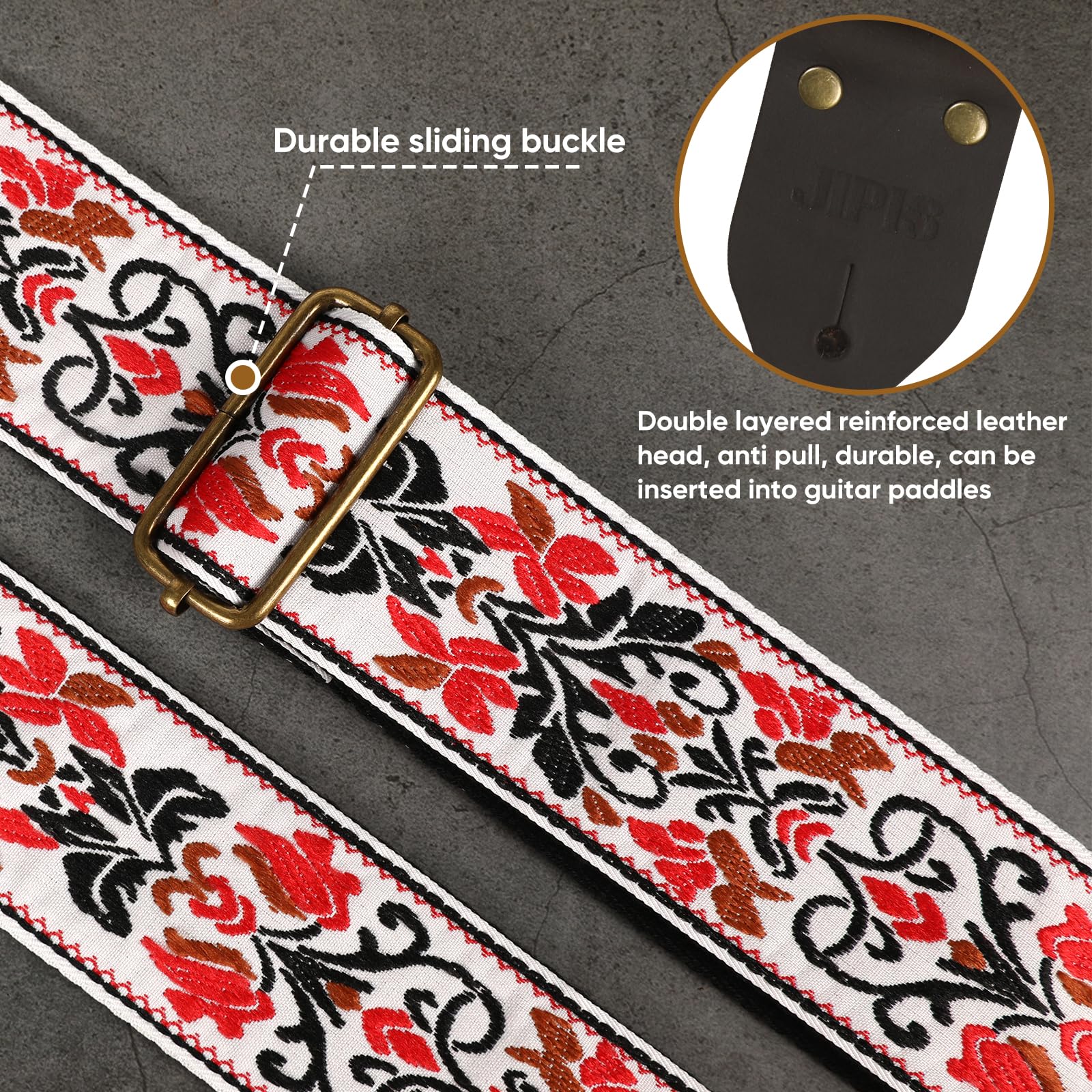 JIPIS Guitar Strap,Jacquard Cotton Guitar Straps with Real Leather Ends for Acoustic,Electric Guitars and Bass,with Free 1 Head strap, 2 Anti Slip Buckle and 3 Guitar Picks (GS-75-2 Red Jacquard)