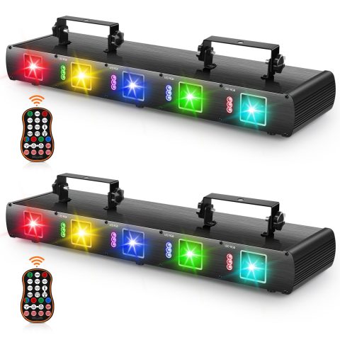 U`King Stage Laser Light DJ Light, 5 Beam Effect Sound Activated DJ Party Lights RGBYC LED Projector Music Lights with Remote Control DMX for Dancing Birthday Bar Pub Stage Lighting(2PC)