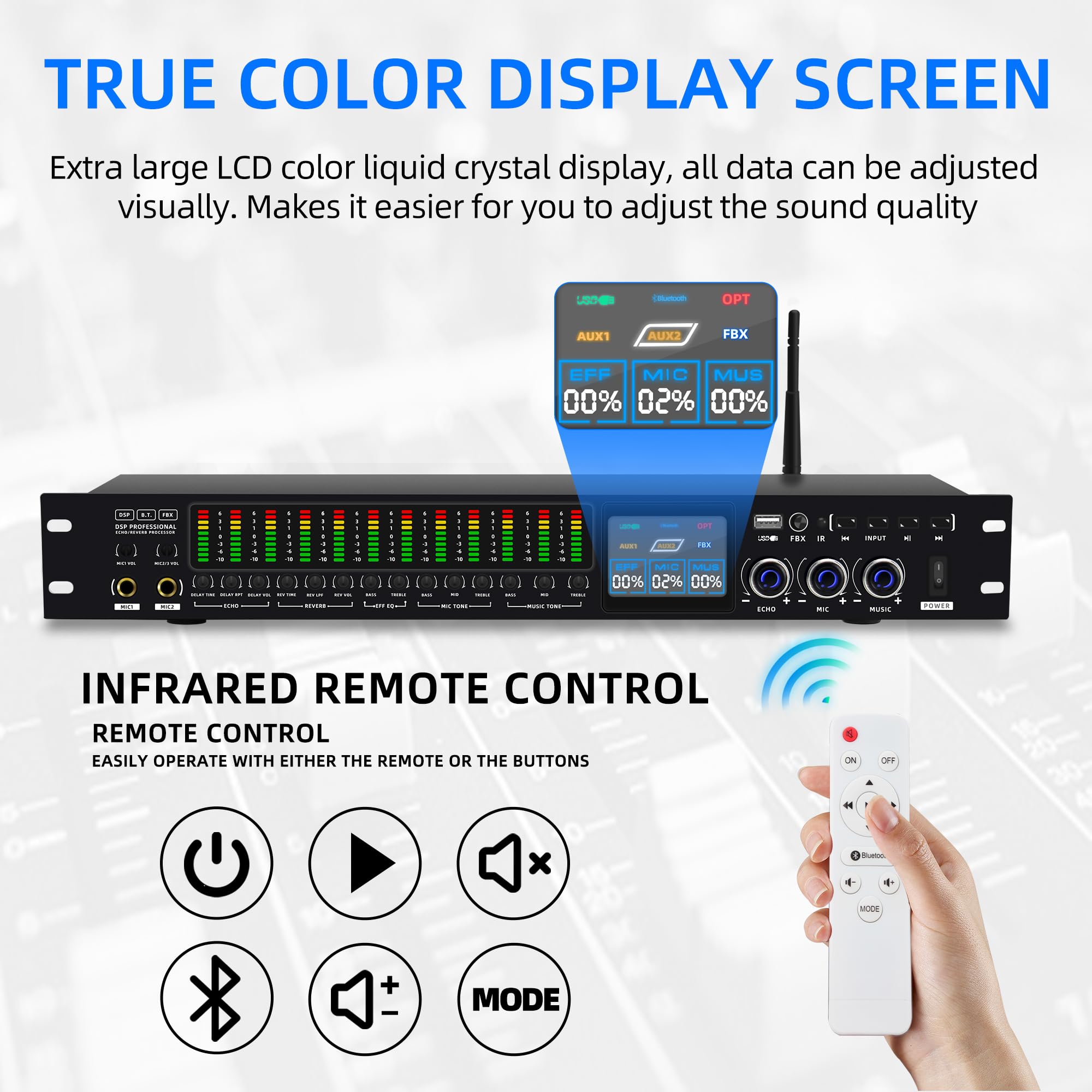 FULODE K-6 Professional KTV Digital pre-stage Effector Anti-howling Audio Processor Karaoke Mixer Reverberator with DSp effect echo USB MP3 Bluetooth optical.4 microphone input With remote control