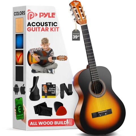 Pyle Beginner Acoustic Guitar Kit, 4/4 Full Size All Wood Instrument with Full Accessory Kit, Picks, Shoulder Strap, Carry Case, Cleaning Cloth, Tuner App, 2 Month Lessons, 39” (Sunburst Teardrop)