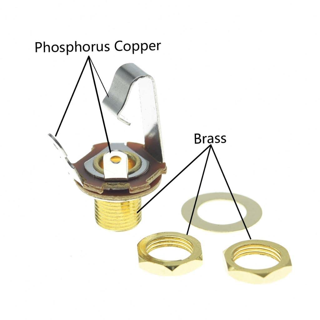 KAISH Gold Premium 5pcs Brass Material Metric Thread Audio 1/4″ Female Guitar/Bass Output/Input Jack 6.35mm TS Mono Panel Mount Jack Socket with Nuts and Washer