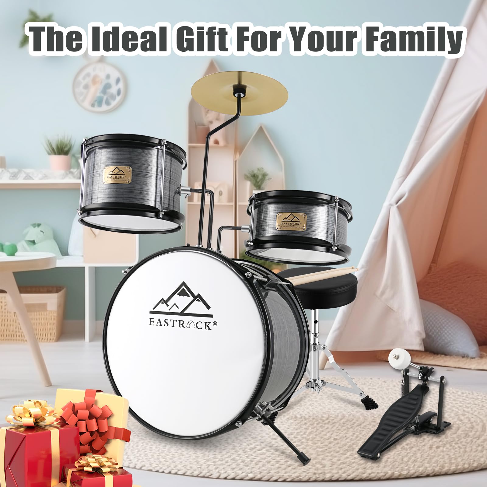 EASTROCK 3 Piece 14” Junior Drum sets for Drummer,Gray