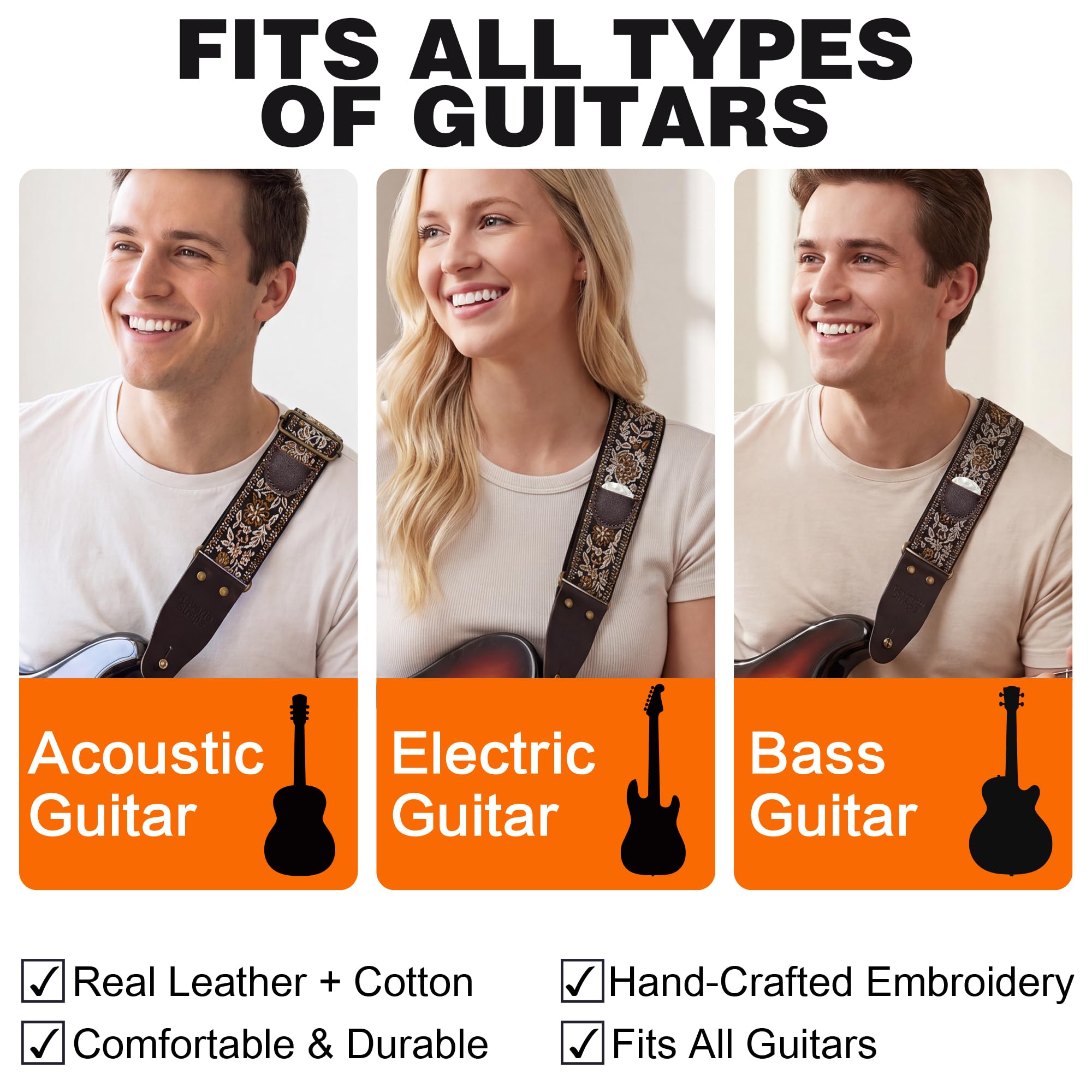 72 Inch Guitar Strap, Vintage Brown Floral Jacquard Woven Adjustable Strap with Premium Genuine Cowhide Leather Ends, Strap Locks & Picks for Acoustic Electric Bass (Vintage brown jacquard)