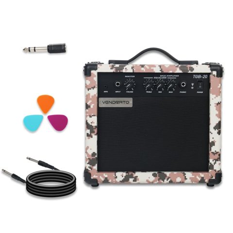 Electric Bass Guitar Amplifier 20W Amp Pixel Camo Color Aux Input Treble Middle Bass Headphone Power 6.5Inch Speaker Portable Size for Starter Beginner Practice Home and Outside