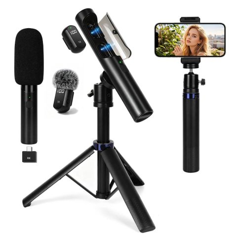 YUANRAN 4-in-1 Mini Wireless Lavalier Microphone & Desk Stand,Interview Handheld Microphone for iPhone/Android/Tablets,Mini Mic with Charging Case for Podcast,Streaming