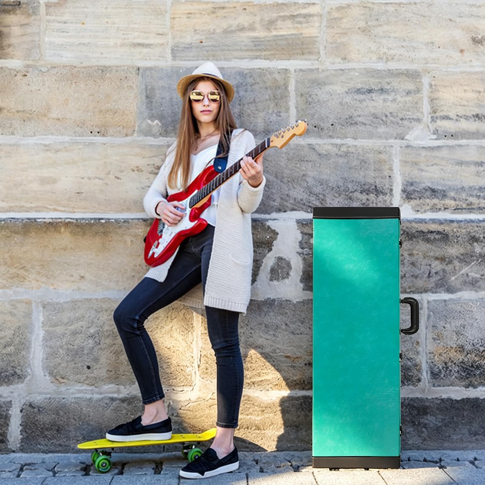 TIUNASIN Electric Guitar Hard Case for 39-Inch ST Electric Guitars, Green Denim Leather Trim Design | Rectangle Wooden, Hard Shell Protective Guitar Case with Lock Latch and Padding
