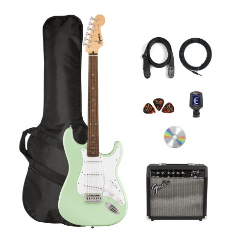 Fender Squier Sonic Stratocaster Pack – Surf Green Bundle with Frontman 10G Amp, Gig Bag, Instrument Cable, Strap, Picks, and 3-Month Fender Play